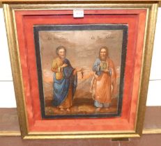 A religious icon depicting two saints, oil on panel, 35 x 30cm