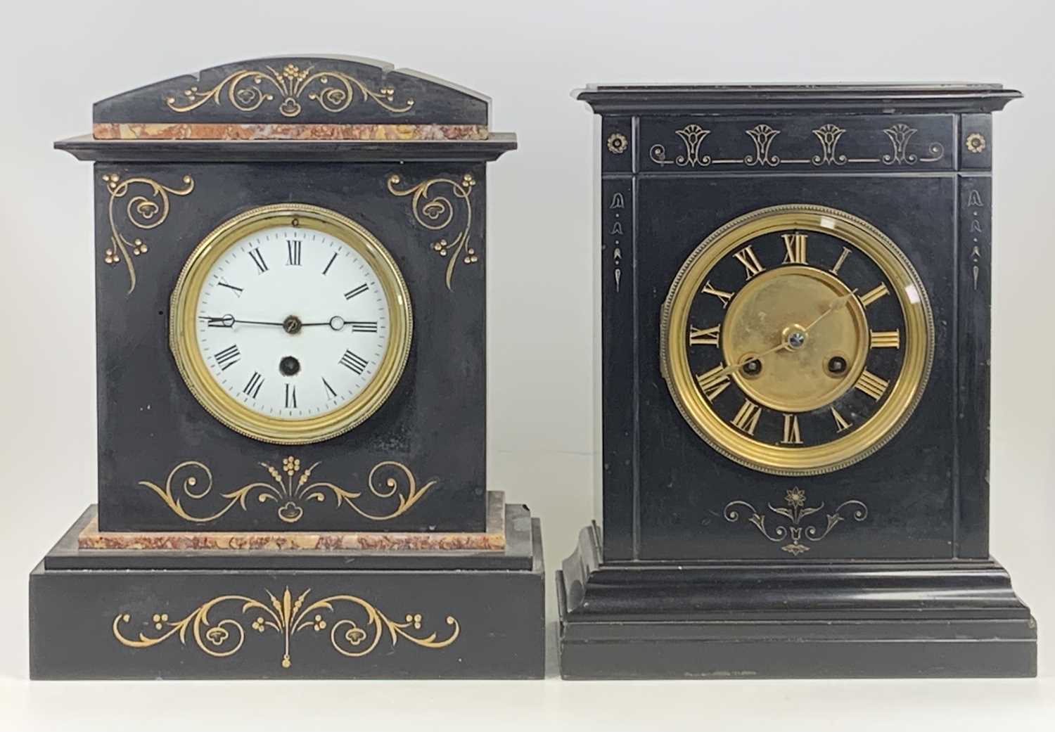 A late 19th-century slate mantel clock of architectural outline having a black enamelled Roman - Image 2 of 2