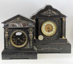 A late 19th century polished slate mantel clock, of good size, having eight-day cylinder movement
