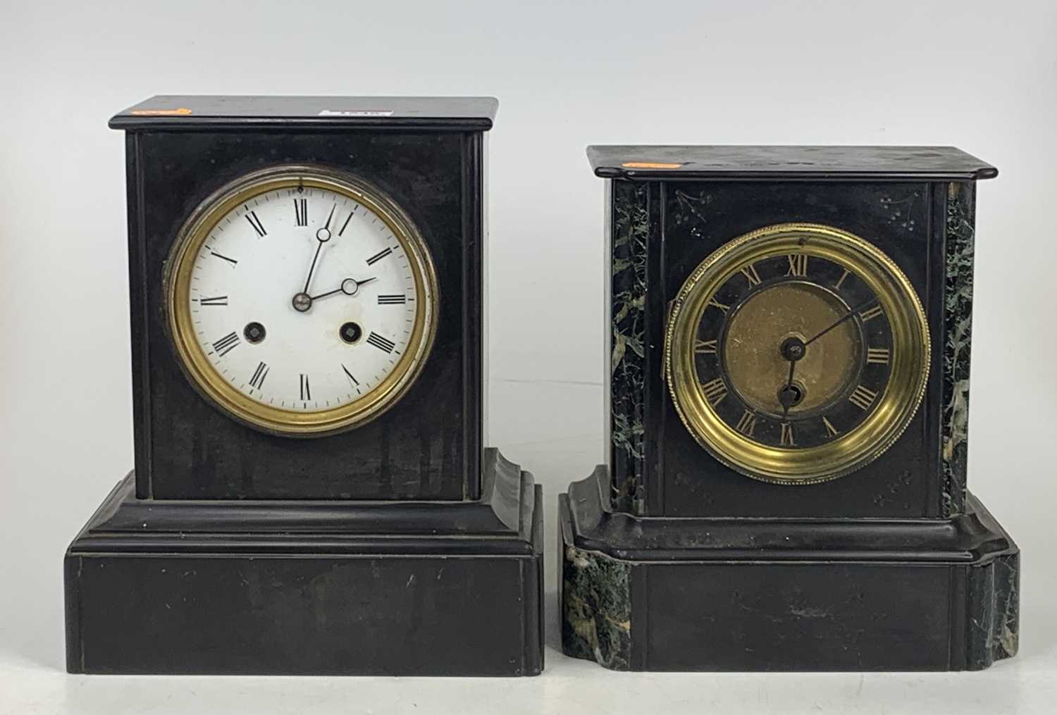 A late Victorian polished slate mantel clock, having white enamel dial, French brass eight-day - Image 2 of 2