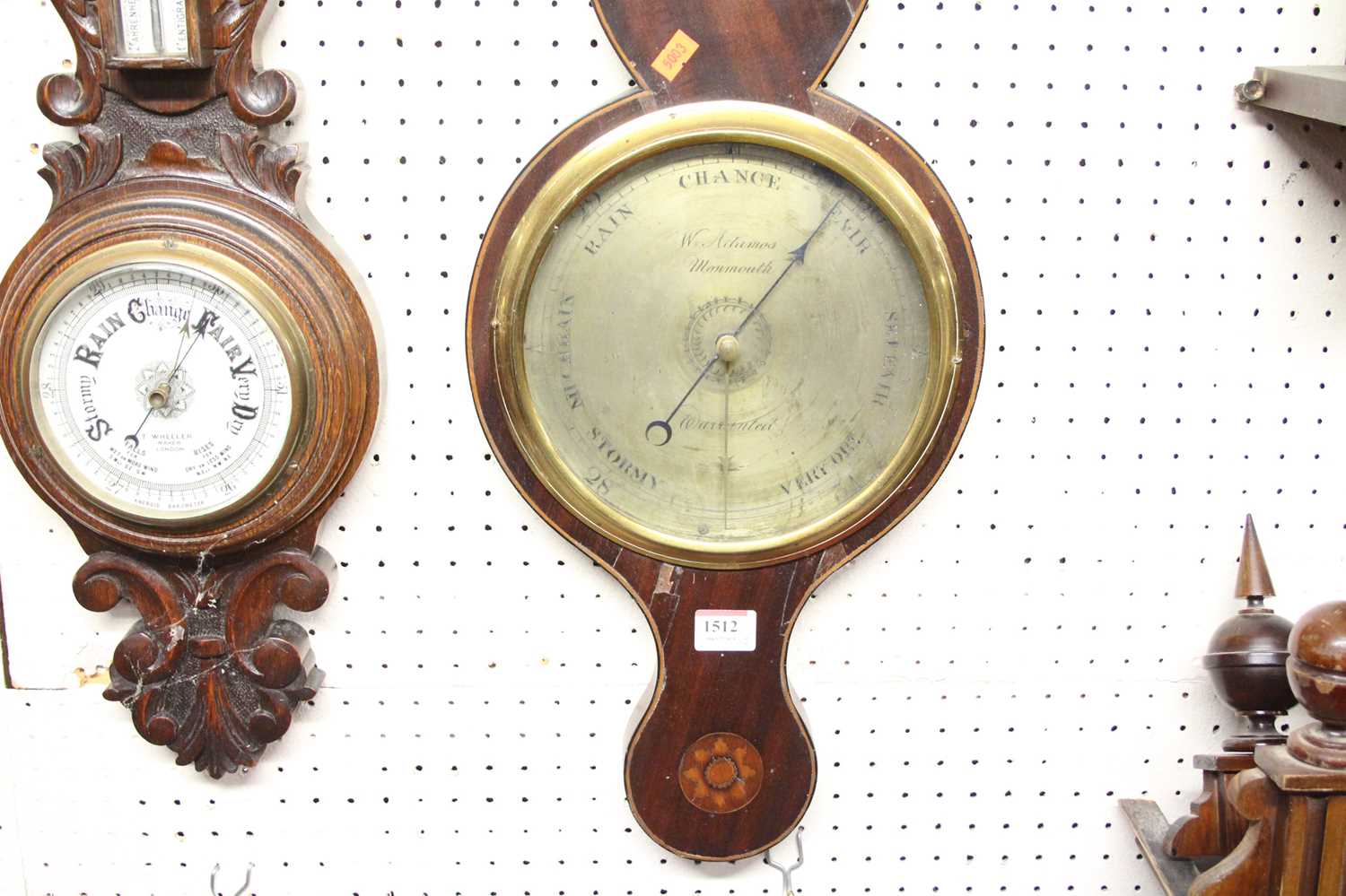 W. Adamos of Monmouth - a circa 1830 mahogany and inlaid two-dial wheel barometer, h.95cm; - Image 3 of 3