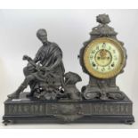 A late C19th American Ansonia spelter mantel clock, the clock flanked with a centurion at rest,
