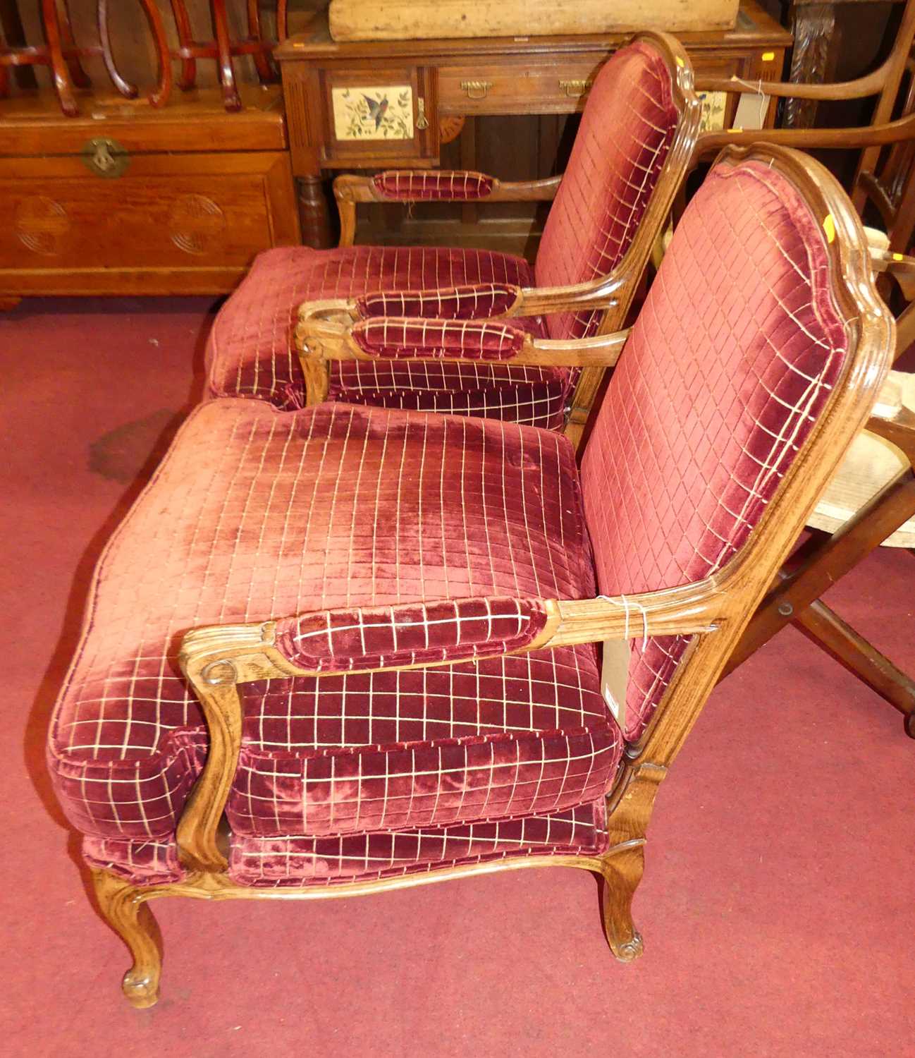 A pair of French beech framed and chequer rouge fabric plush upholstered open armchairs, each having - Image 3 of 3