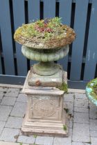 A reconstituted stone pedestal planter, raised on associated square stepped base, overall height