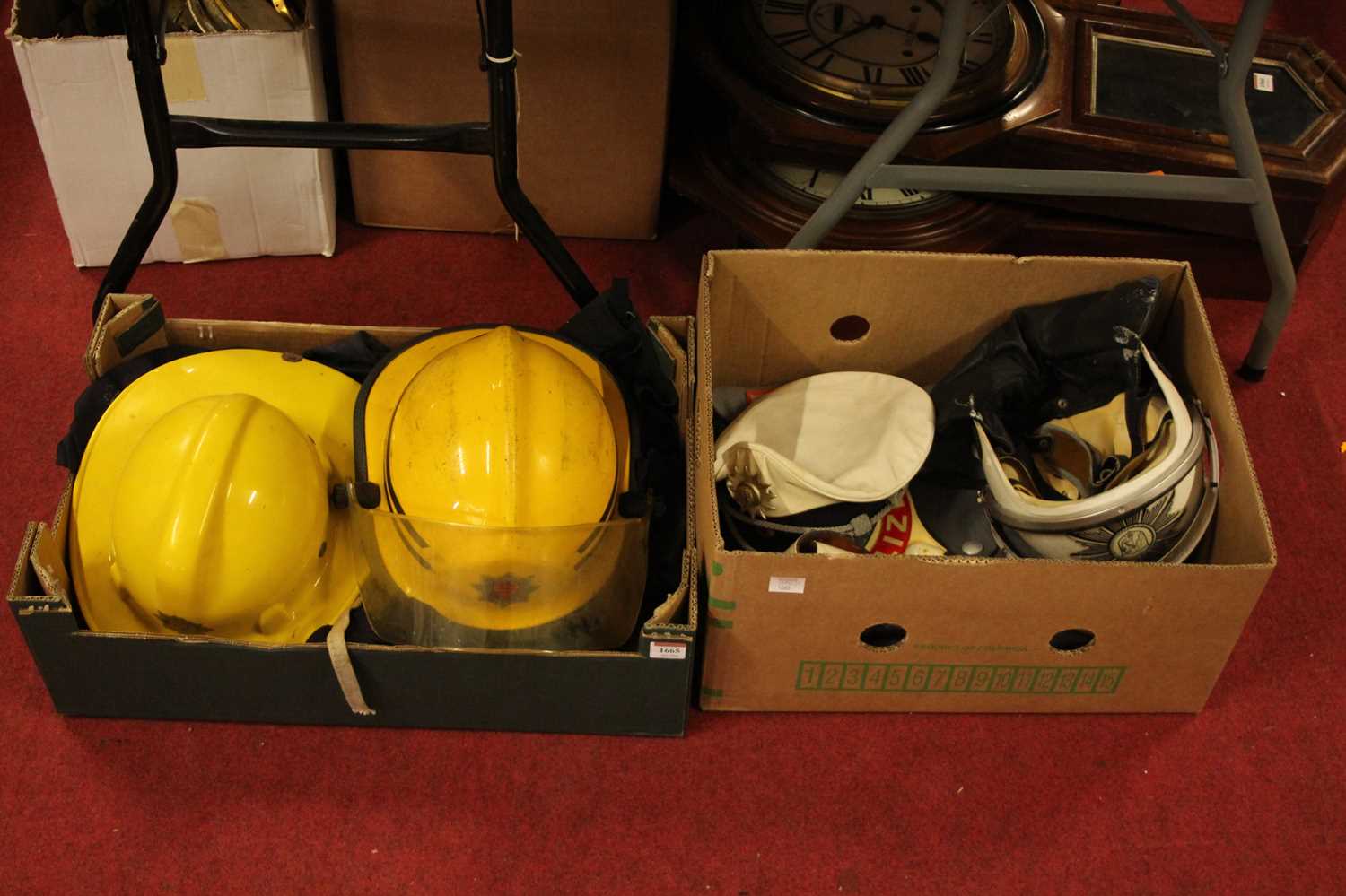 Two boxes of miscellaneous uniforms and effects, to include a Super Chieftain Safe-T-Helmet by the