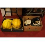 Two boxes of miscellaneous uniforms and effects, to include a Super Chieftain Safe-T-Helmet by the