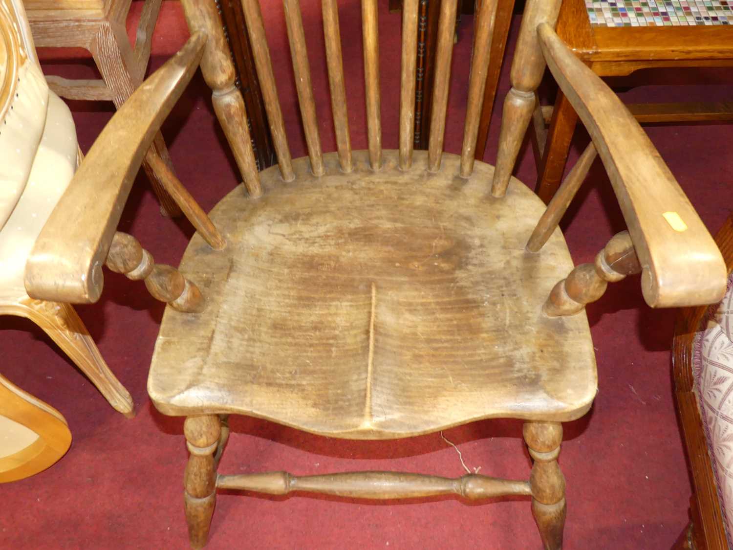 An early 20th century elm seat and beech stickback farmhouse open armchair, w.62cm - Image 3 of 4