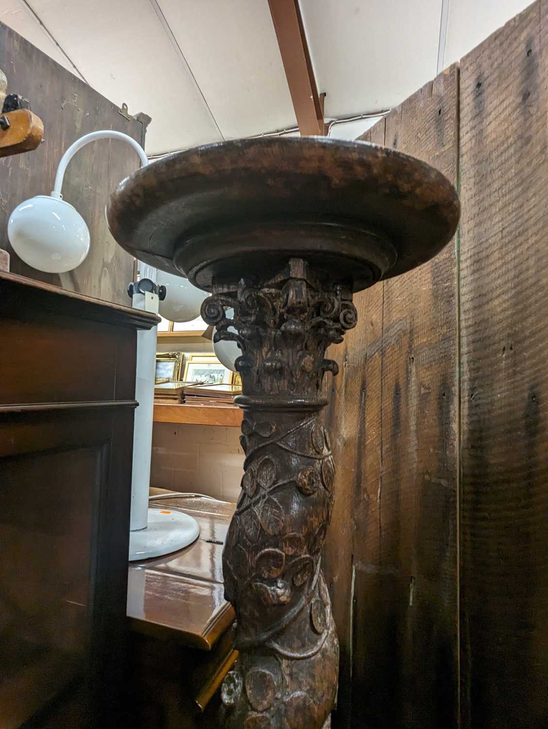 An early 20th century floral carved oak Solomonic plant stand, height 127cm, together with a near - Image 4 of 5