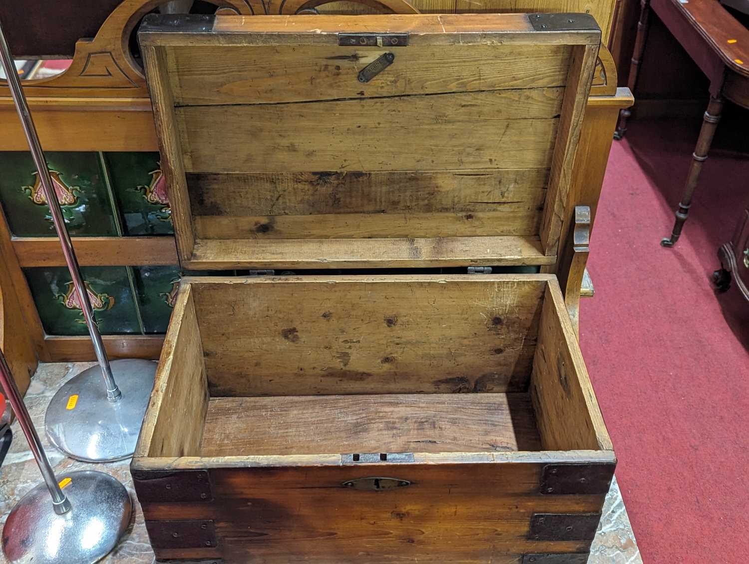 A 19th century stained and boarded pine and further iron mounted hinge topped tool chest, width 51. - Image 2 of 2