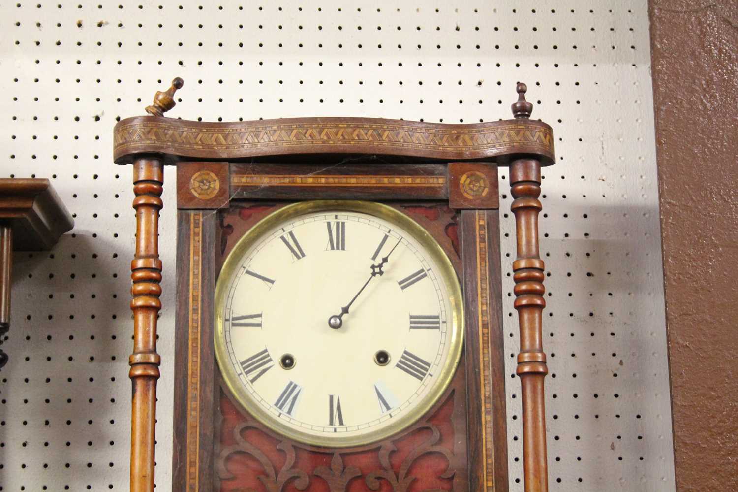 An American rosewood and marquetry inlaid droptrunk wall clock, circa 1900, h.87cm - Image 3 of 3