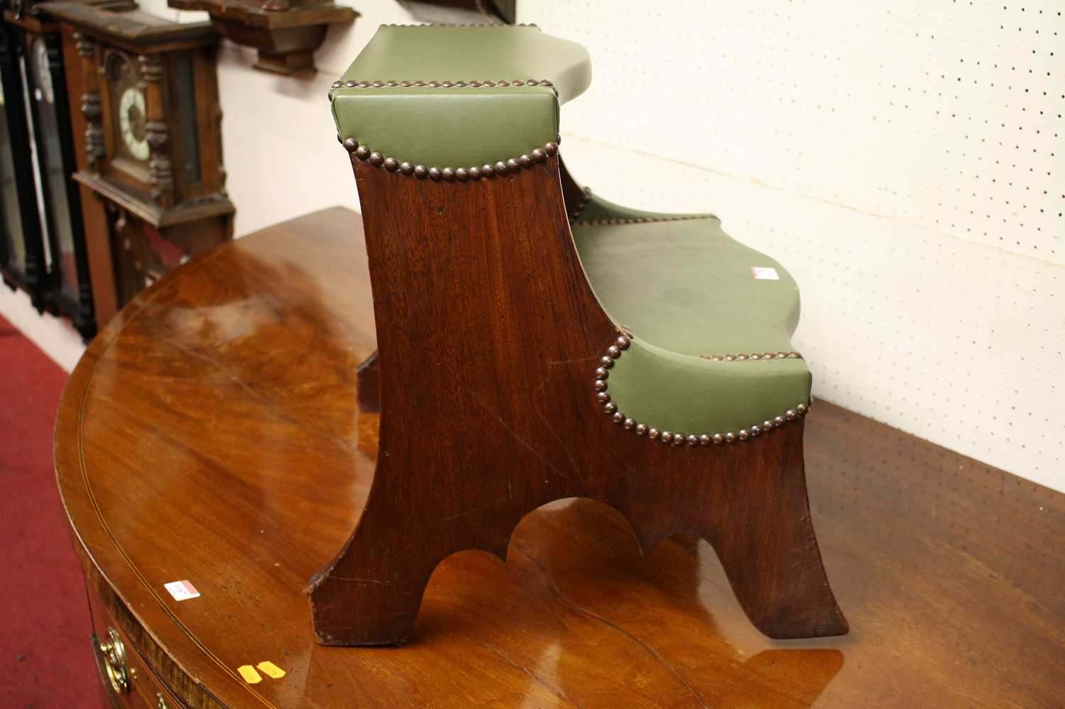 A mahogany and later green leather clad and further studded set of twin library steps, w.42cm Height - Image 2 of 4