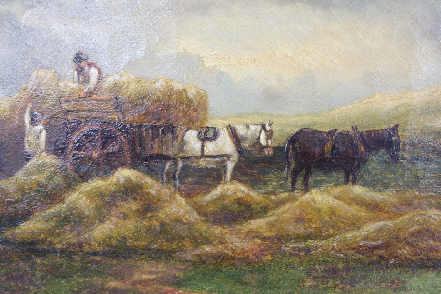 19th century English school - Loading the haycart under heavy skies, oil on canvas, 35 x 51cm - Image 7 of 14