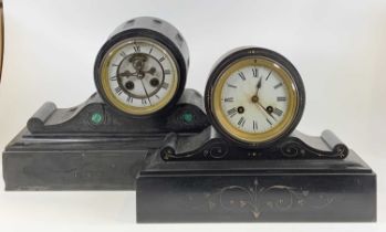 A late Victorian slate marble drum top mantel clock, having French brass cylinder movement, h.22.