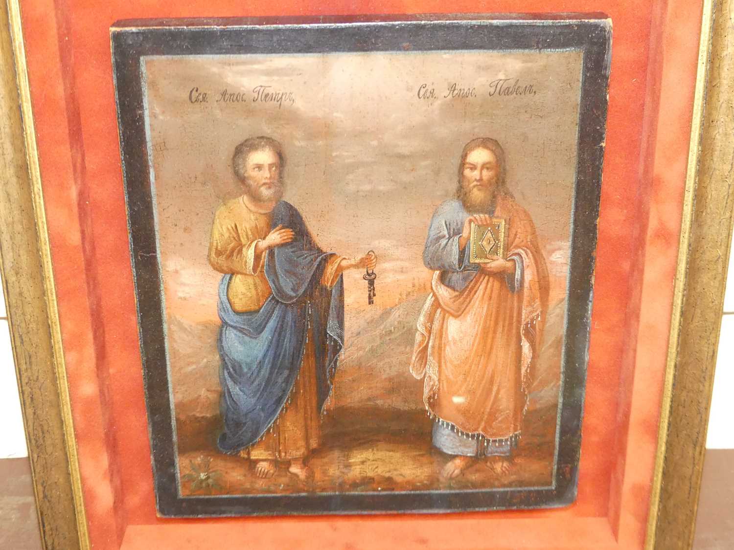 A religious icon depicting two saints, oil on panel, 35 x 30cm - Image 2 of 4