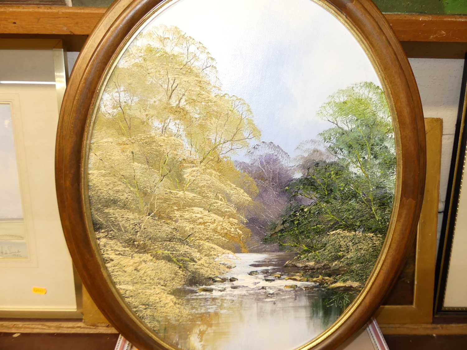 Terry Evans - River scene, palette knife oil, signed lower right, framed as an oval, 49 x 39cm - Image 2 of 4