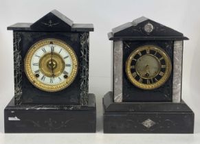 A late 19th-century slate mantel clock of architectural outline having a black enamelled Roman