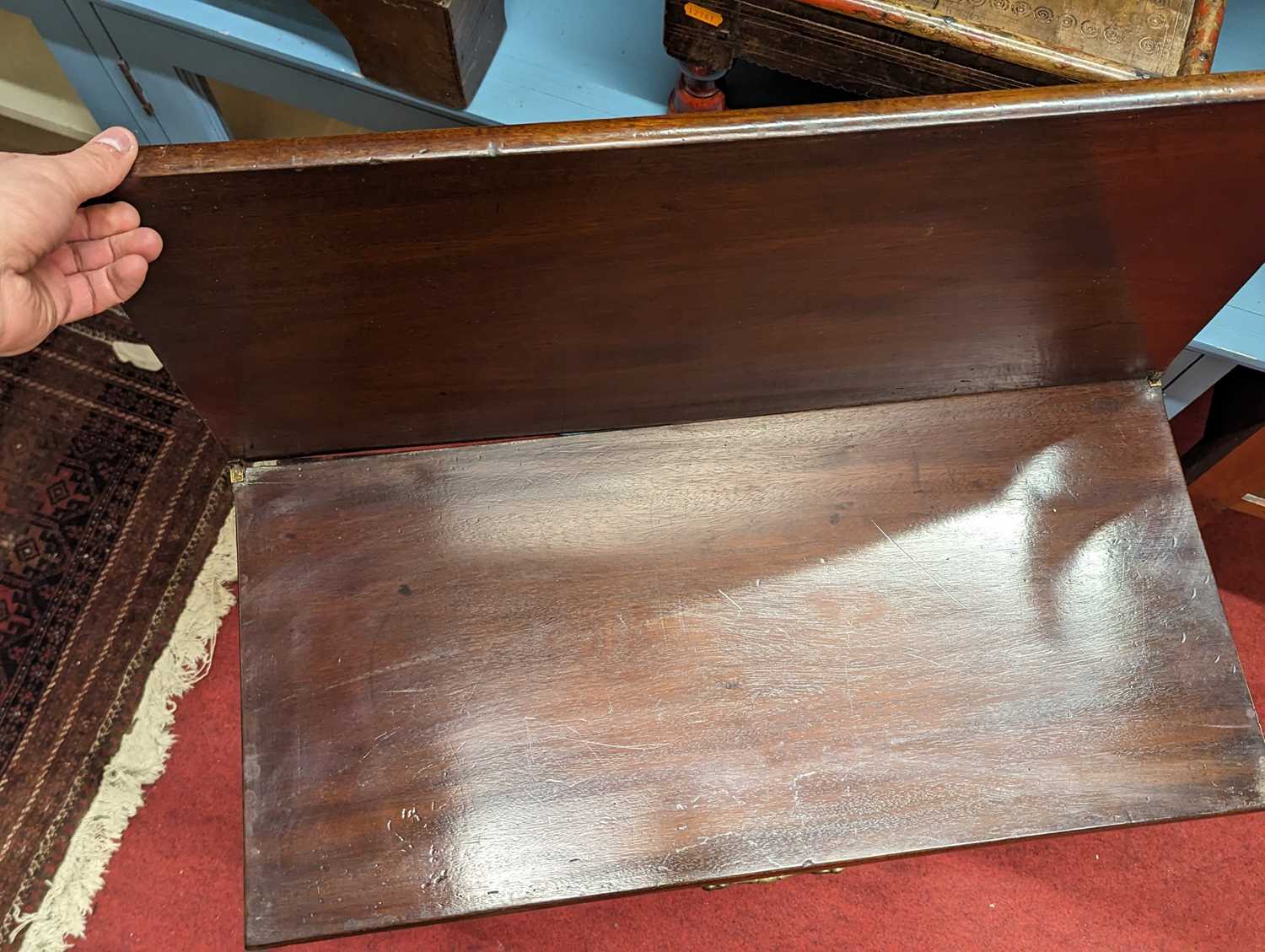 A George III mahogany fold-over tea table, with rear gateleg action and single frieze drawer, - Image 3 of 3