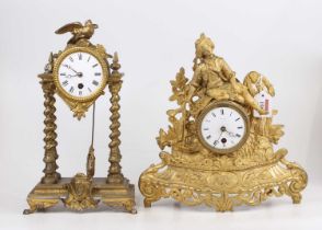 A late 19th century French gilt metal mantel clock, having eight-day brass cylinder movement, h.