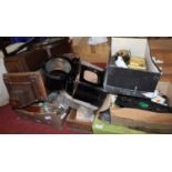 Three boxes of assorted clock parts, cases, three oval marble plinths etc