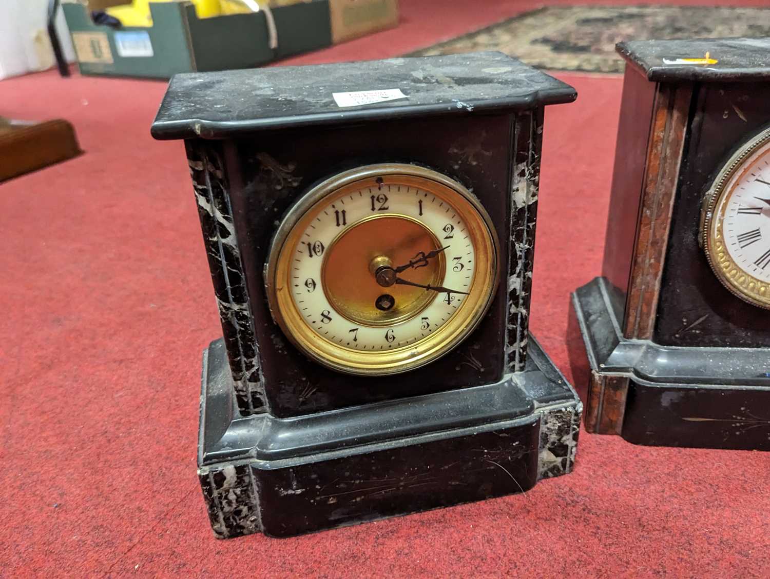 A late Victorian polished black slate and rouge marble inset black mantel clock having white - Image 3 of 4