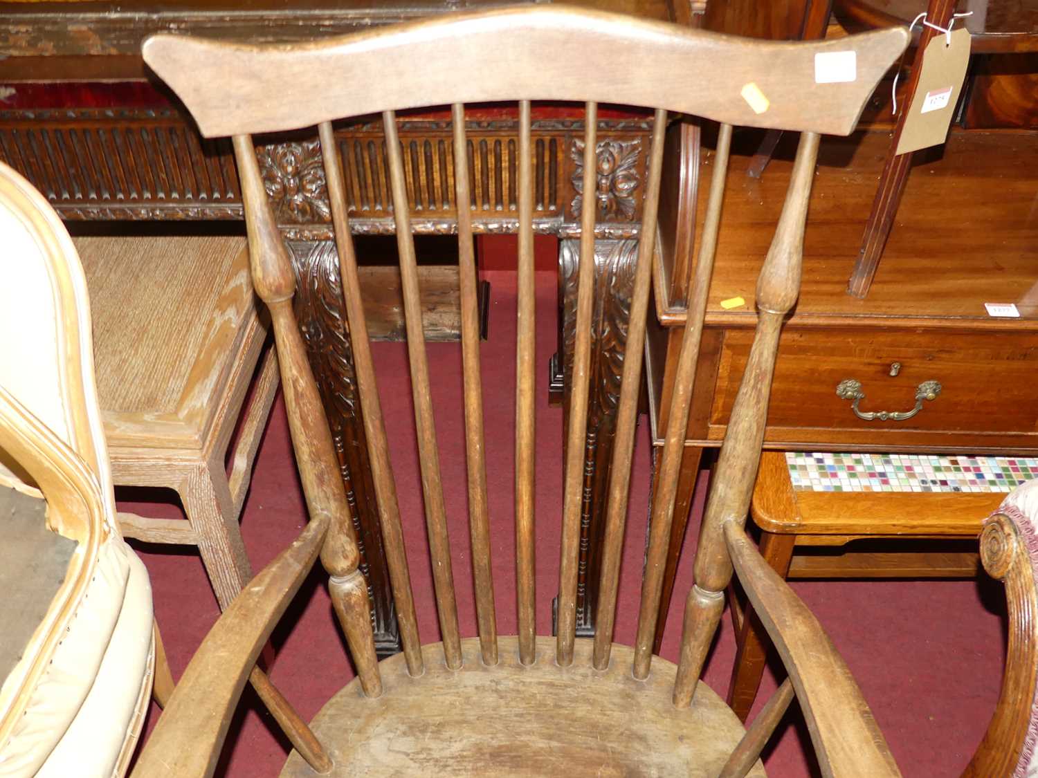 An early 20th century elm seat and beech stickback farmhouse open armchair, w.62cm - Image 2 of 4