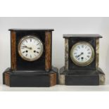 A late Victorian slate mantel clock, having rouge marble inlaid pilasters flanking white enamel