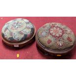 Two similar Victorian walnut and Berlin beadwork topped circular low foot stools Each with losses