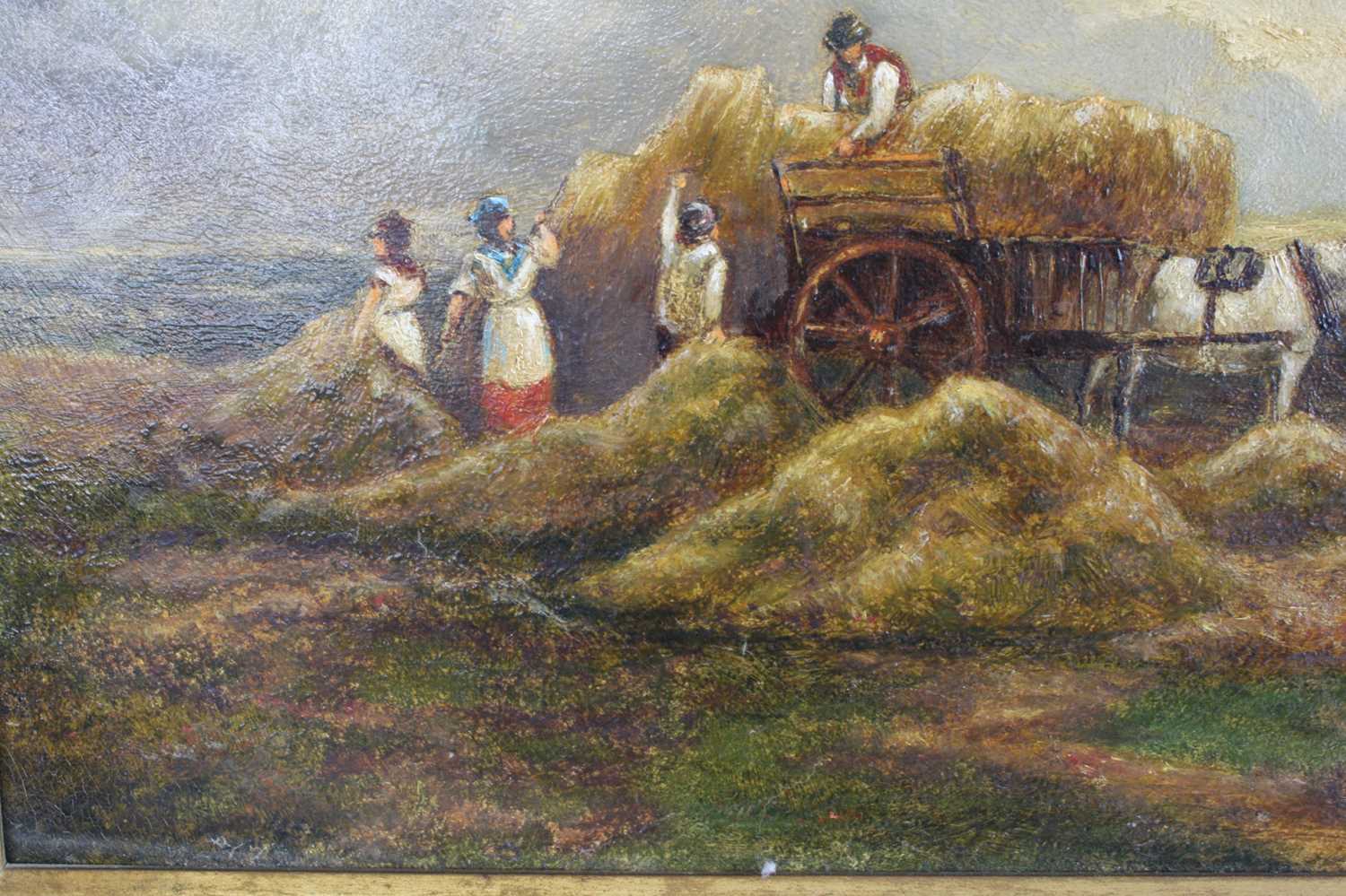 19th century English school - Loading the haycart under heavy skies, oil on canvas, 35 x 51cm - Image 6 of 14