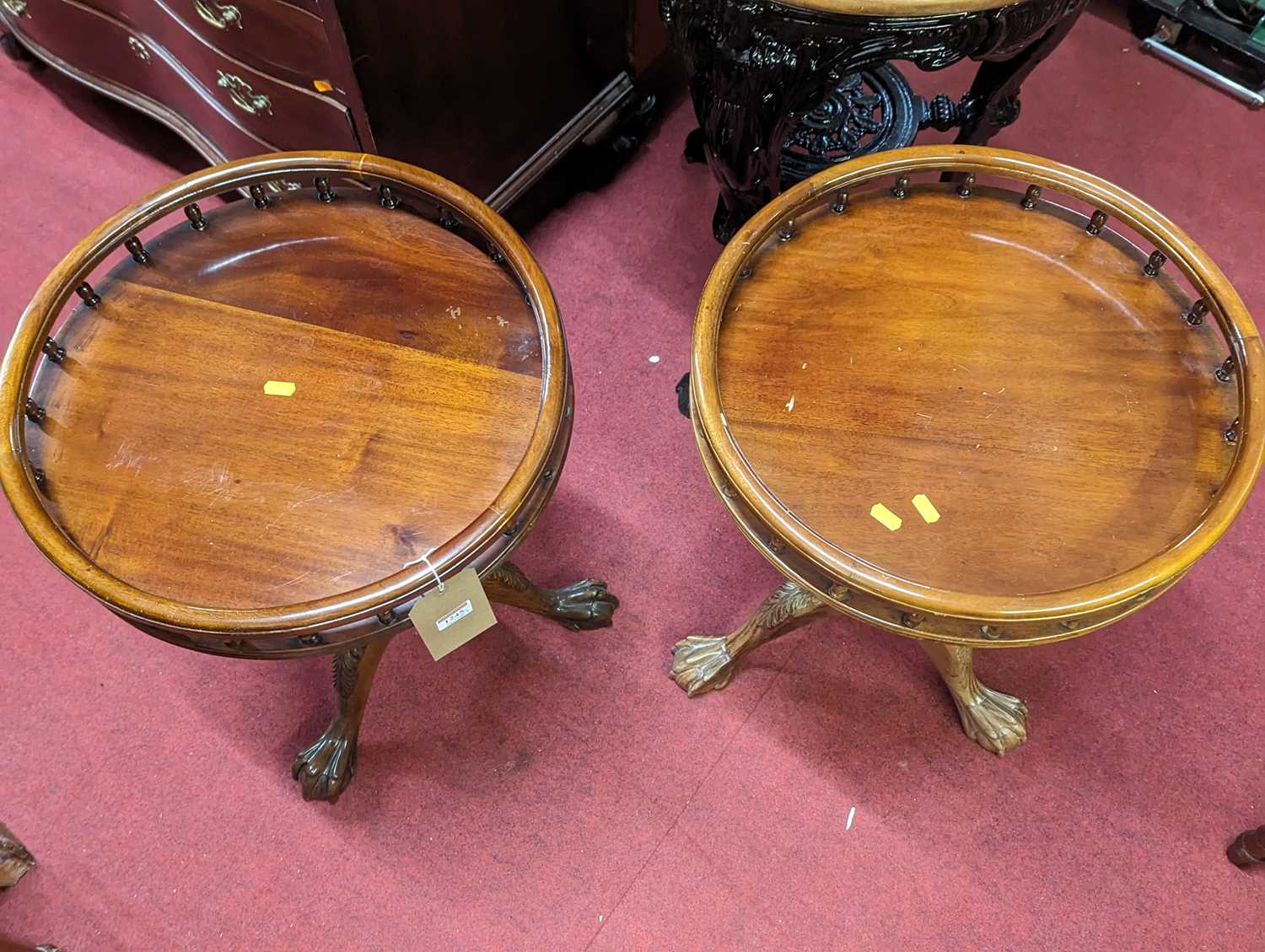 A pair of contemporary cherry wood circular pedestal tripod tables, each with raised balustrade tops - Image 2 of 2