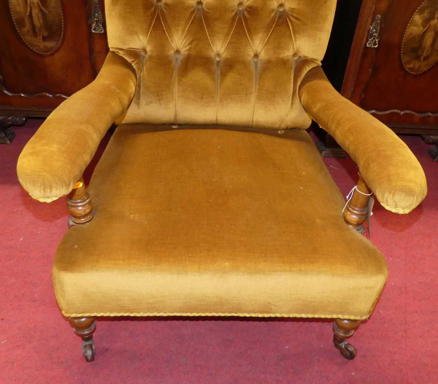 A mid-Victorian mahogany framed mustard buttoned dralon upholstered open armchair, raised on squat - Image 2 of 4