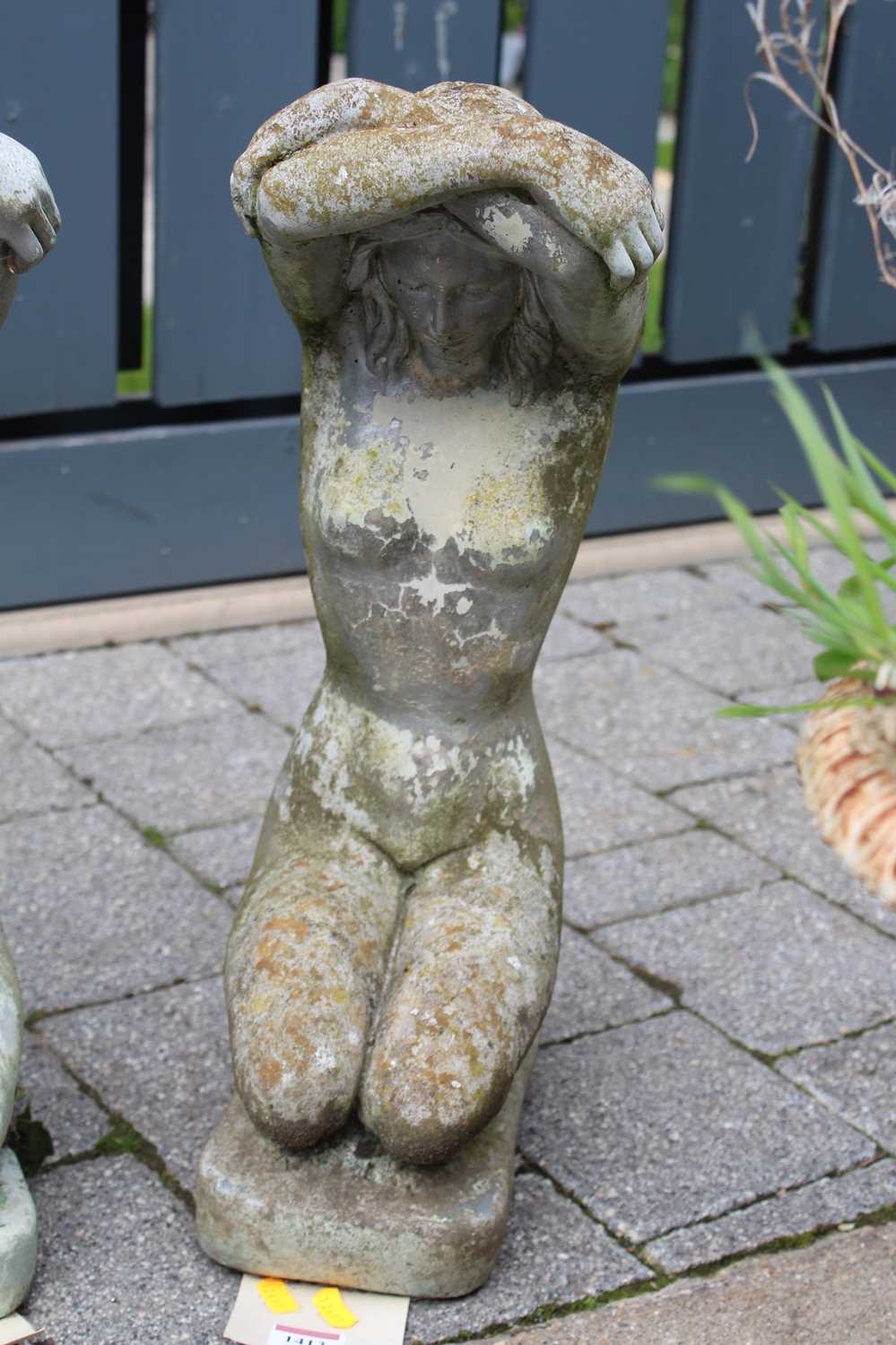 A pair of reconstituted stone garden figures of kneeling nude maidens, height 51cm - Image 3 of 3