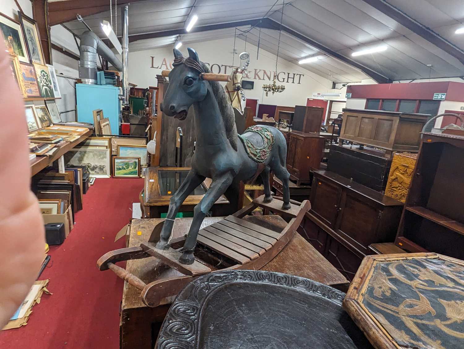 A child's hardwood and polychrome painted rocking horse, length of base 83cm - Image 4 of 4