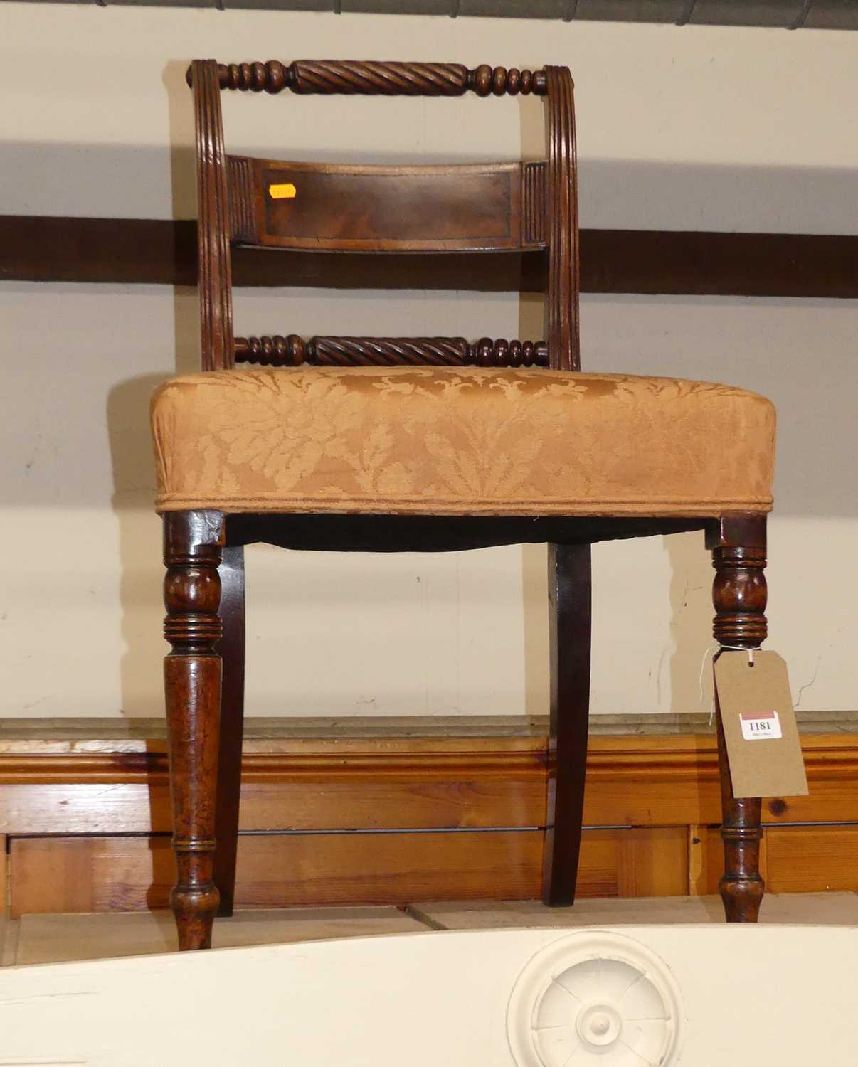 A Regency mahogany rope twist bar back single dining chair, having floral silk stuff over seat,