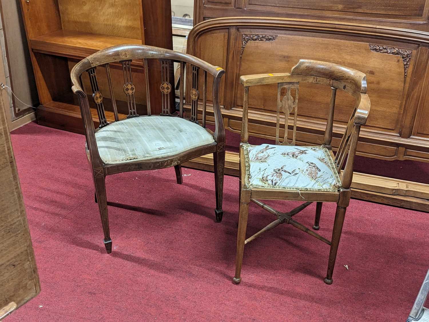 An Edwardian inlaid mahogany open armcahir, standing on tapered legs and spade feet, together with - Image 2 of 2