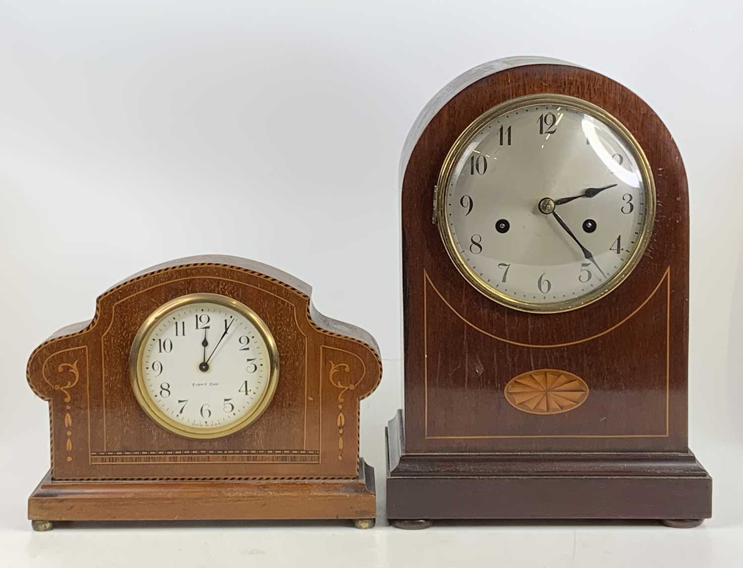 An Edwardian inlaid mahogany dome topped mantel clock, having unsigned silvered dial, h.31cm; - Image 2 of 2