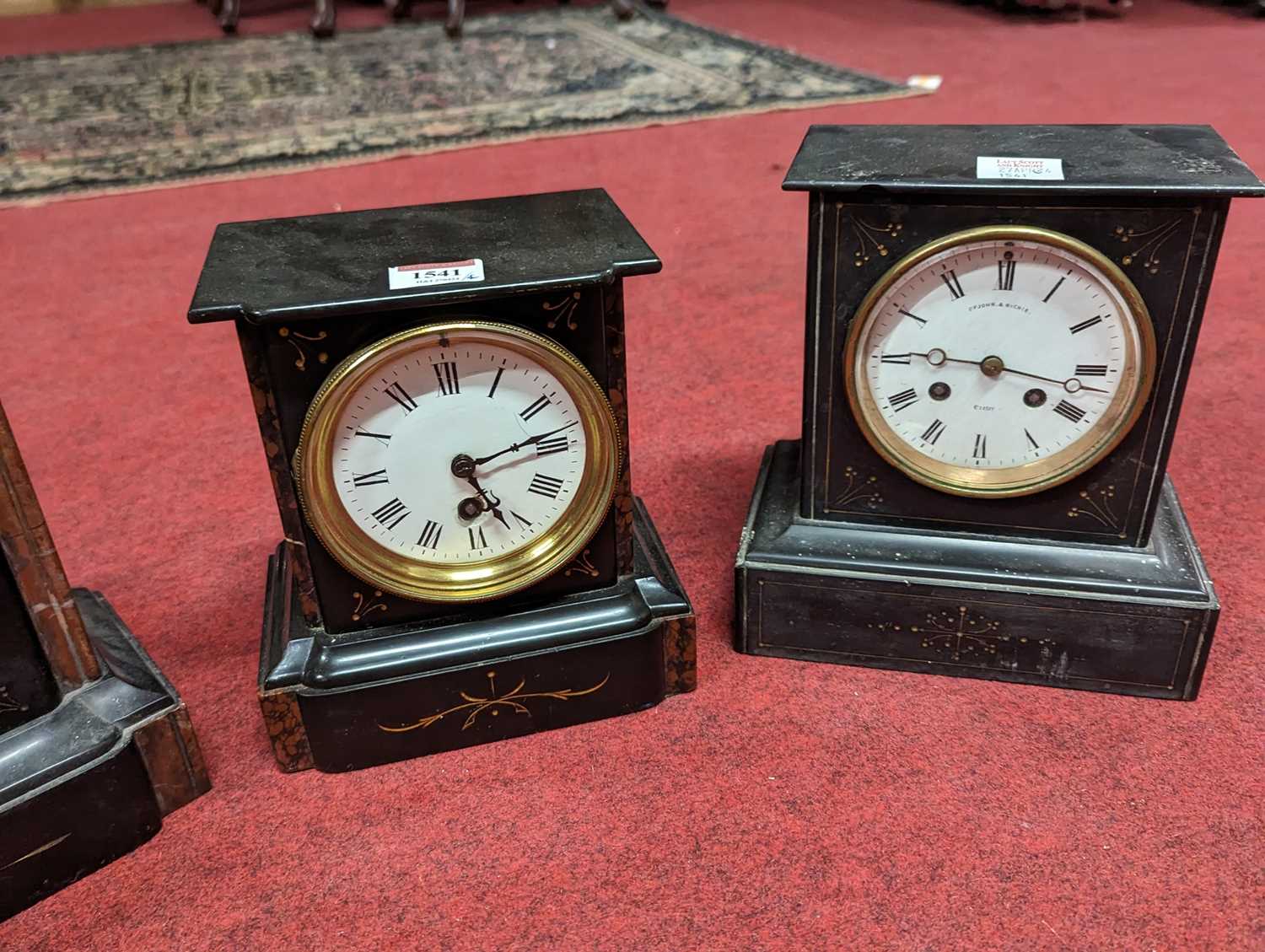 A late Victorian polished black slate and rouge marble inset black mantel clock having white - Image 4 of 4