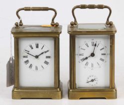 An early 20th century French lacquered brass carriage clock, with visible platform escapement, h.