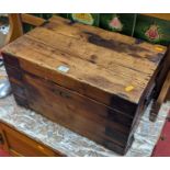 A 19th century stained and boarded pine and further iron mounted hinge topped tool chest, width 51.