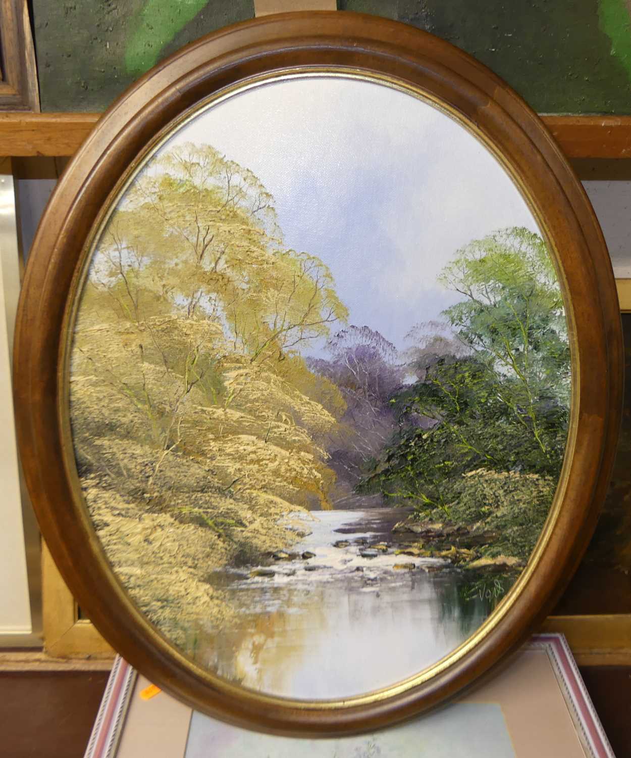 Terry Evans - River scene, palette knife oil, signed lower right, framed as an oval, 49 x 39cm