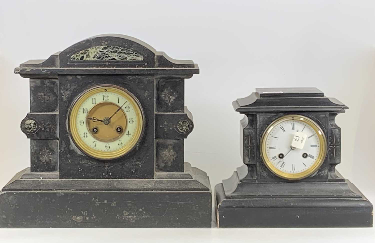 A late Victorian slate mantel clock having unsigned white enamel dial, height 21cm, together with