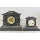 A late Victorian slate mantel clock having unsigned white enamel dial, height 21cm, together with