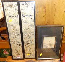 A pair of Japanese silkworks depicting exotic birds amidst flowering branches, each 48 x 9cm;