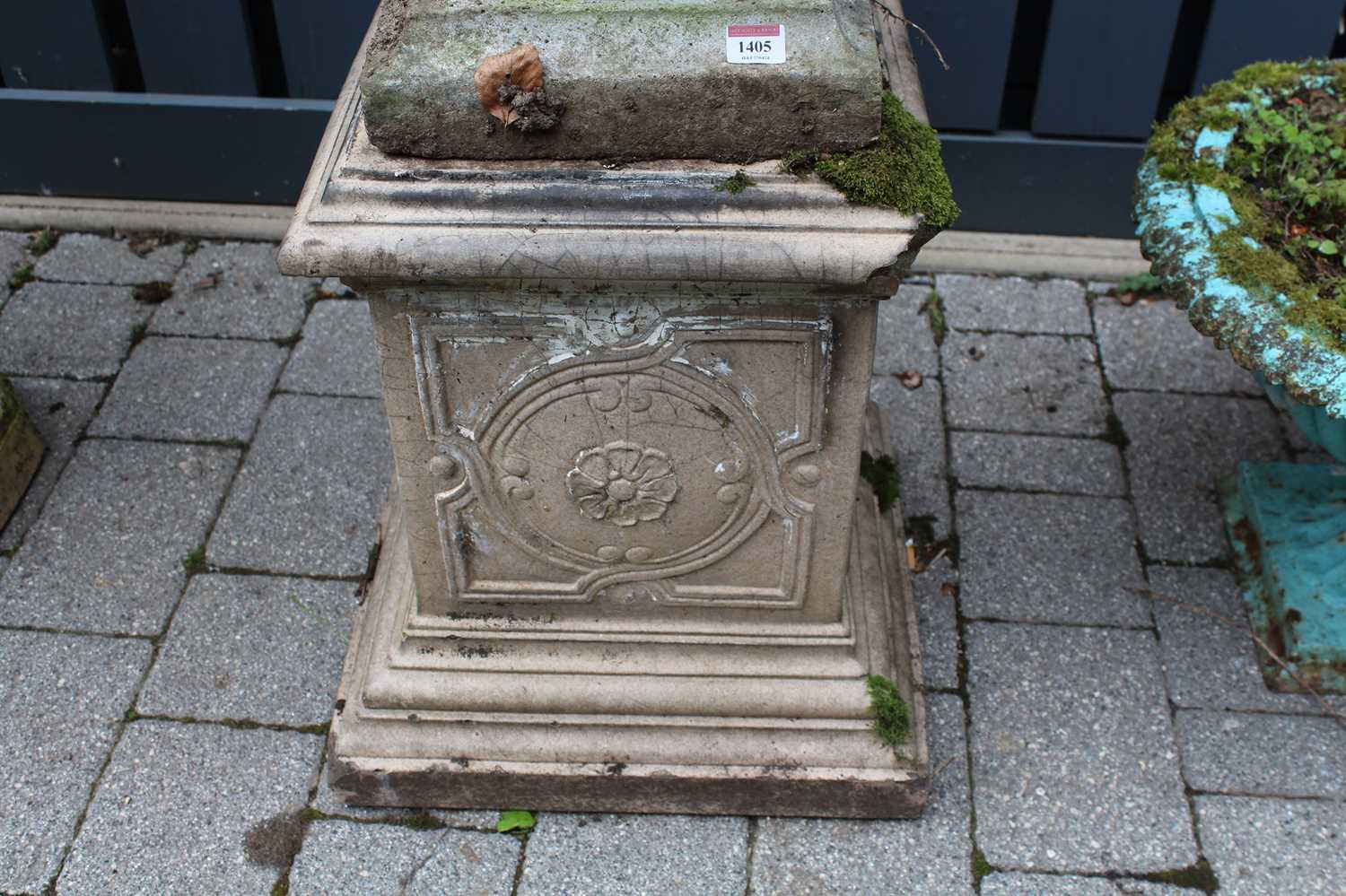 A reconstituted stone pedestal planter, raised on associated square stepped base, overall height - Image 3 of 3