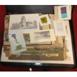 An artists folio and contents to include assorted watercolours, being various landscape scenes,