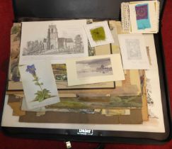 An artists folio and contents to include assorted watercolours, being various landscape scenes,