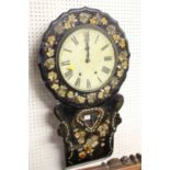 A Victorian papier-mache and mother of pearl inlaid droptrunk wall clock, having spring-driven