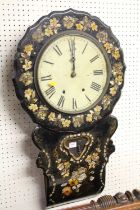 A Victorian papier-mache and mother of pearl inlaid droptrunk wall clock, having spring-driven