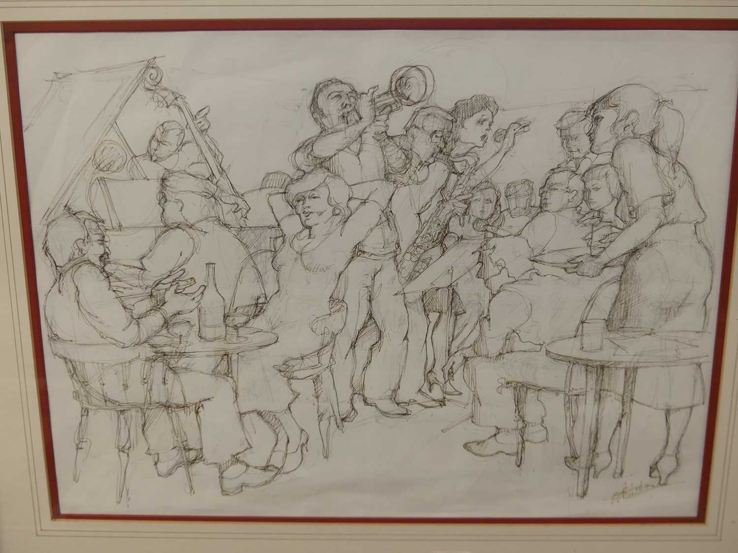 After W.B. Hinton - The band at the Hoste Arms, Burnham Market, pencil and ink sketch, 37 x 50cm - Image 2 of 4