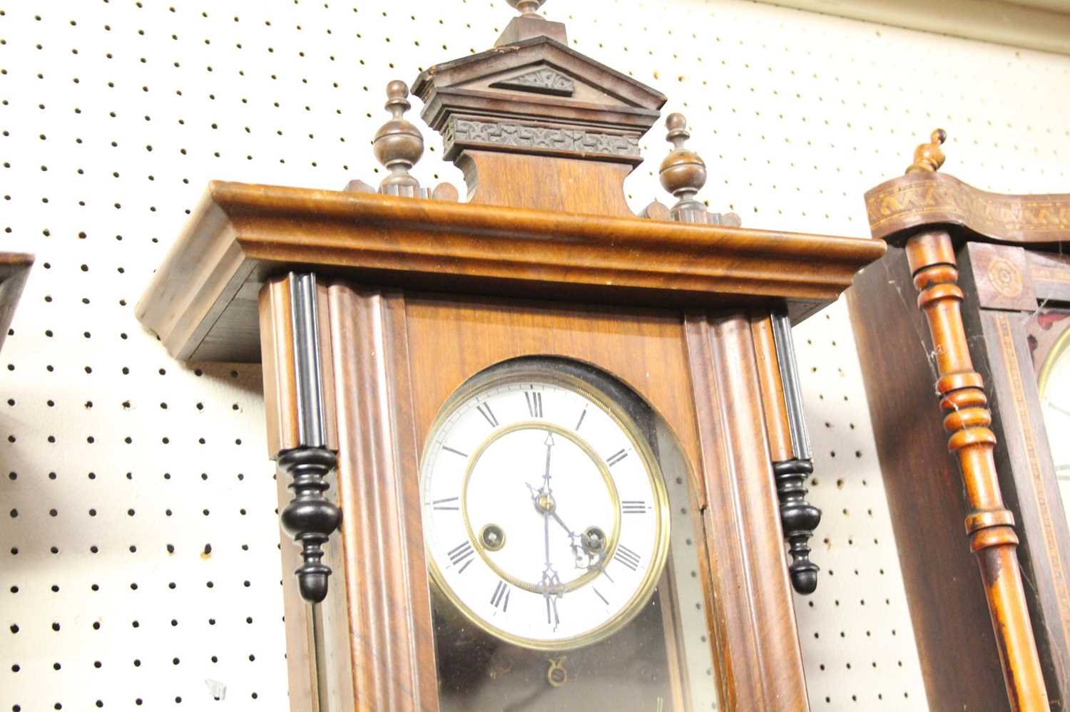 A late 19th century Vienna walnut cased and ebonised droptrunk wall clock, h.90cm - Image 2 of 2