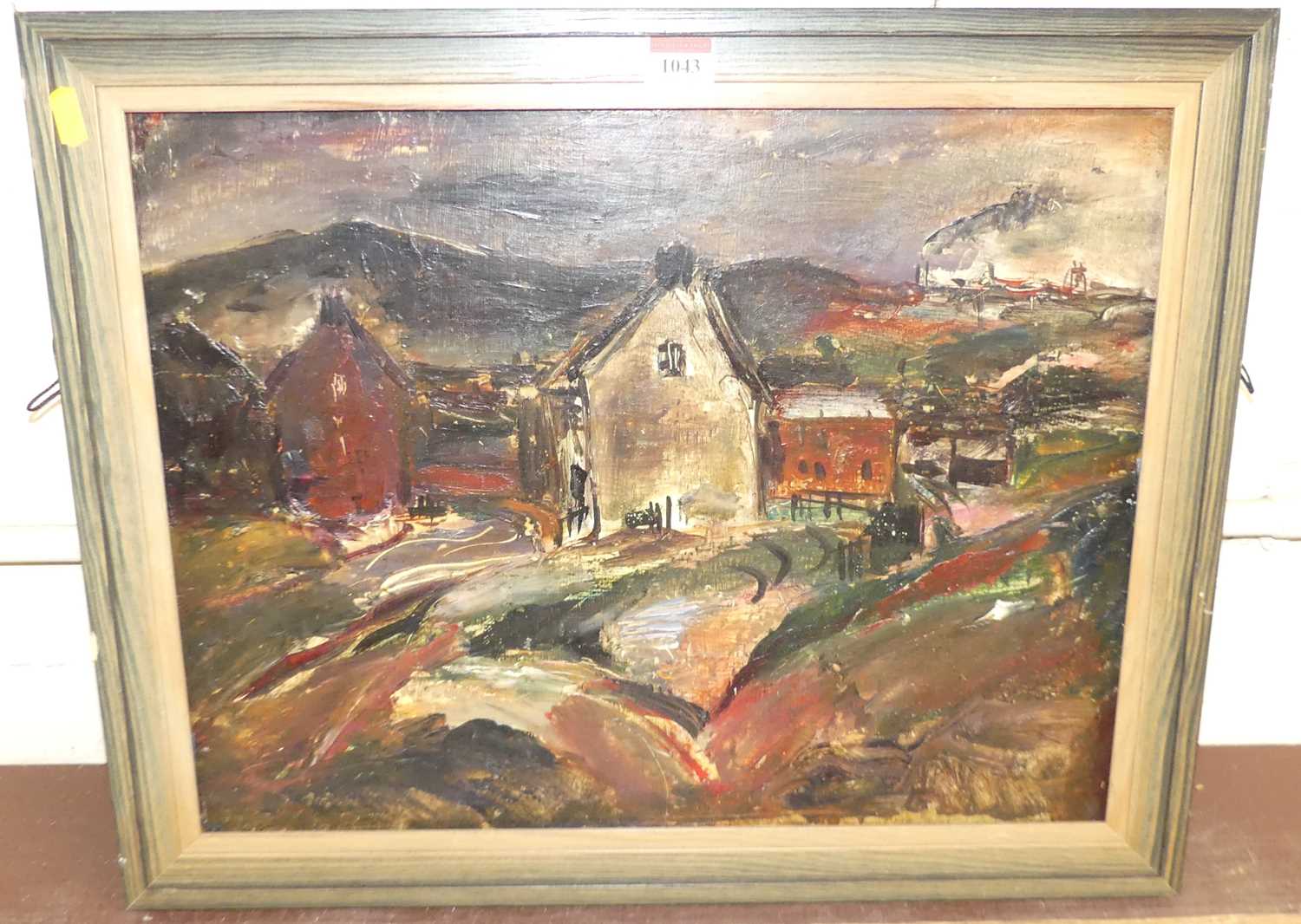 20th century school - Landscape with houses and chimney-stacks beyond, oil, 36 x 48cm
